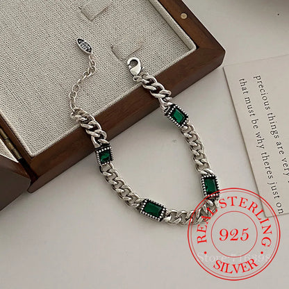925 Sterling Silver Green Stone Retro Chain Bracelet
