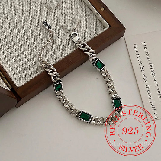 925 Sterling Silver Green Stone Retro Chain Bracelet