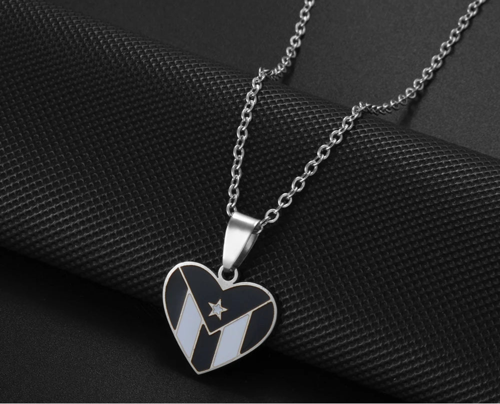 Heart Rectangle Puerto Rico Flag Pendant Necklaces
