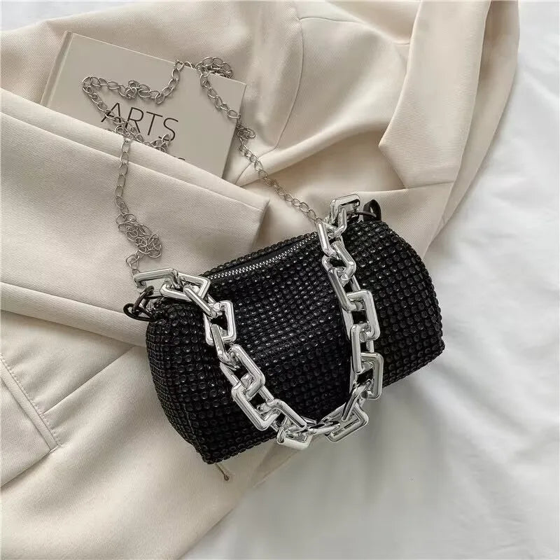 Small Allover Rhinestone Bucket Bag, Glitter Chain  Purse