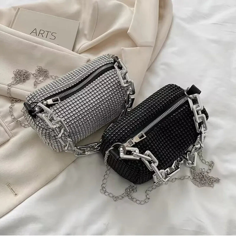 Small Allover Rhinestone Bucket Bag, Glitter Chain  Purse