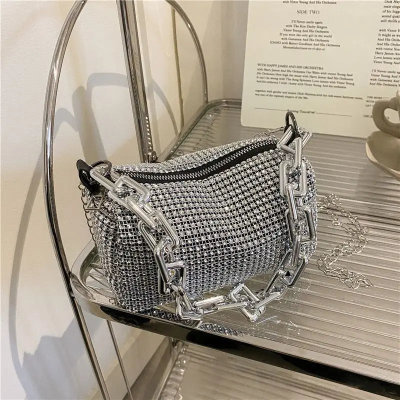 Small Allover Rhinestone Bucket Bag, Glitter Chain  Purse