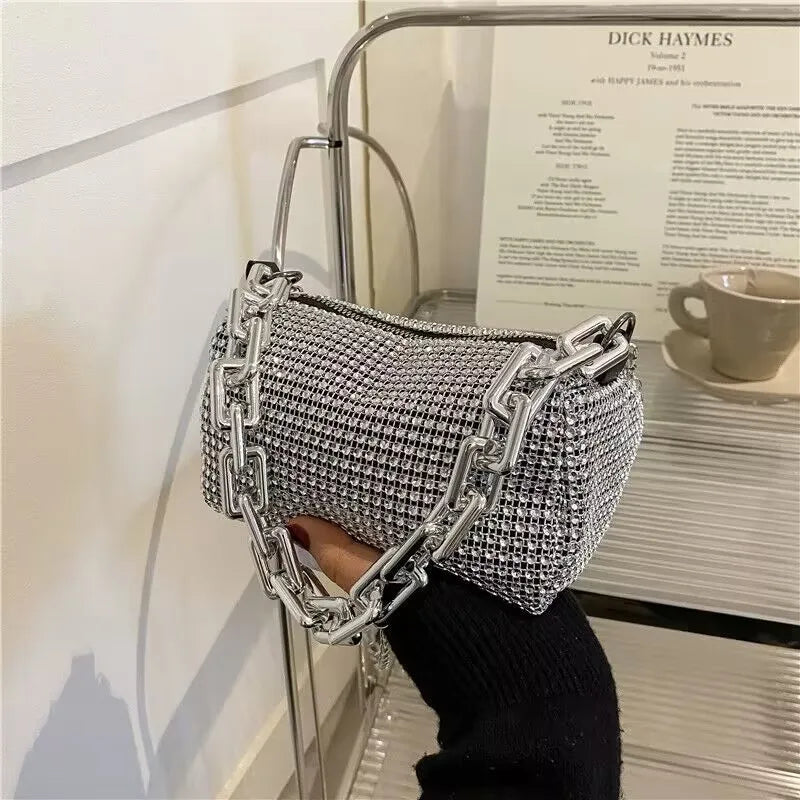 Small Allover Rhinestone Bucket Bag, Glitter Chain  Purse