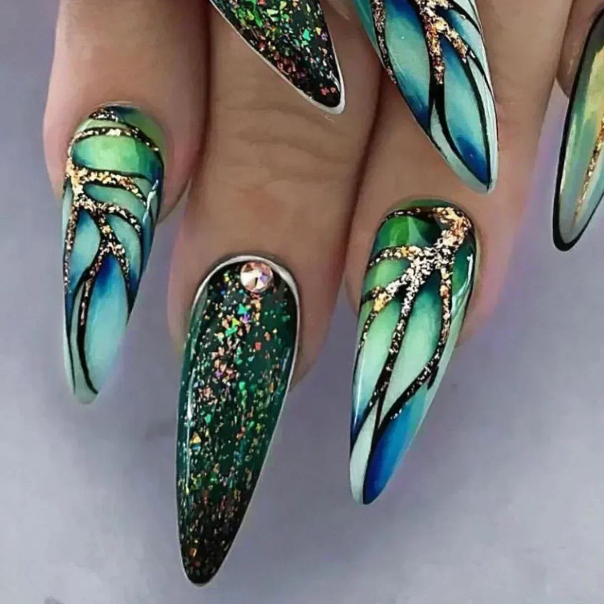 Long Stiletto Press on Nails Box Acrylic False Nails with Almond Designs Black Gold Foil French Full Cover Fake Nail Tips