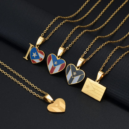 Heart Rectangle Puerto Rico Flag Pendant Necklaces