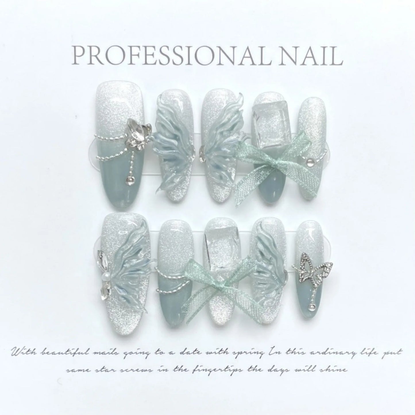 10Pcs Long Almond Handmade Press on Nails Fake Nails with Rhinestone Wearable Stick-on Nails False Nail Накладные Ногти Uñas