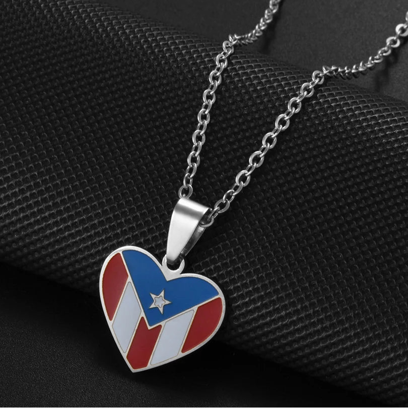Heart Rectangle Puerto Rico Flag Pendant Necklaces
