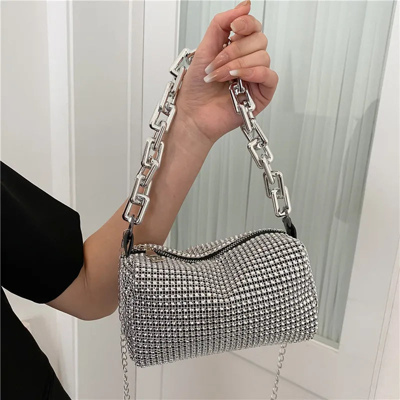 Small Allover Rhinestone Bucket Bag, Glitter Chain  Purse