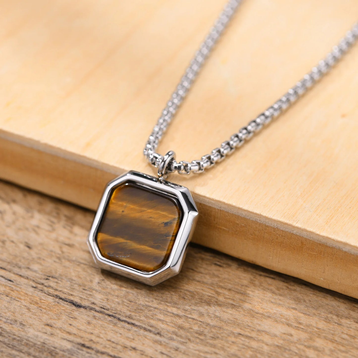 EJ  Natural Stone Necklace, Solid Stainless Steel Geometric Polygon Pendant