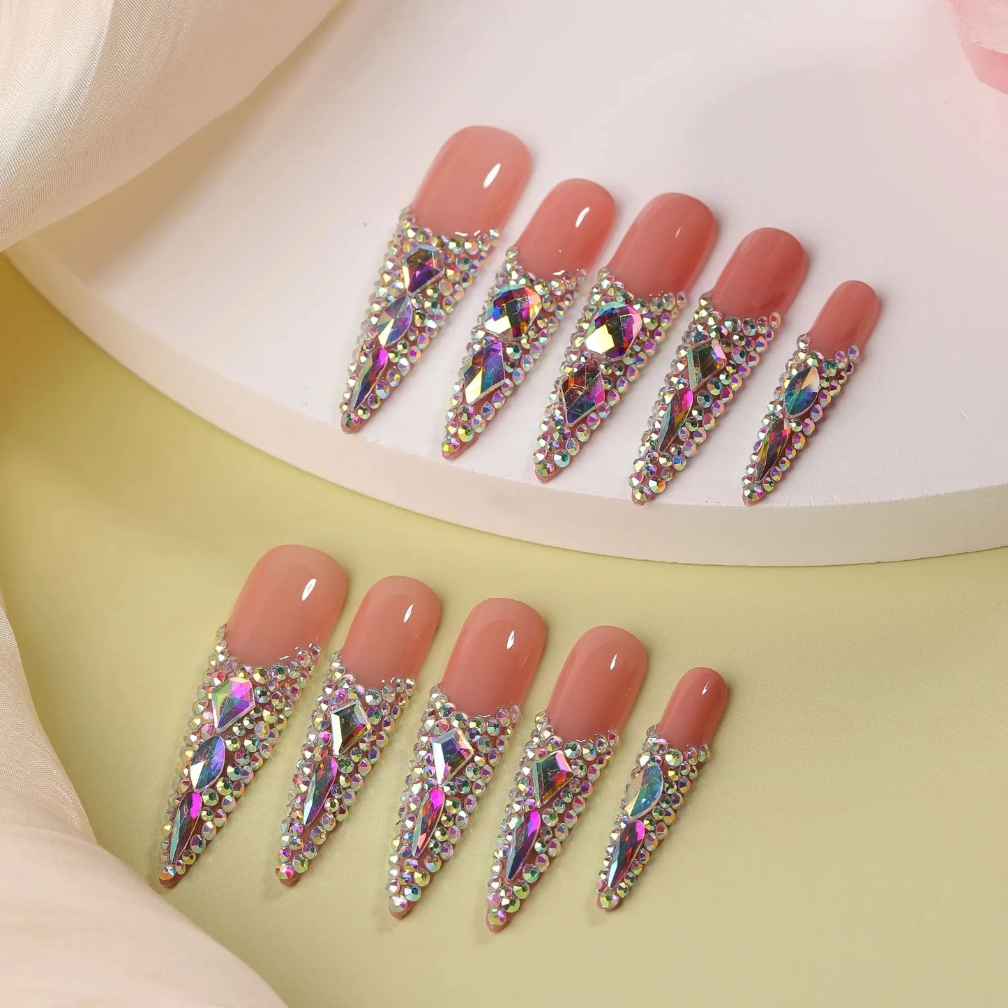 10Pcs Queen Colorful False Nails Shimmer Super Long Pointy Press on Nails