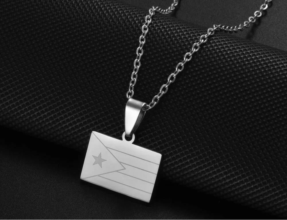Heart Rectangle Puerto Rico Flag Pendant Necklaces