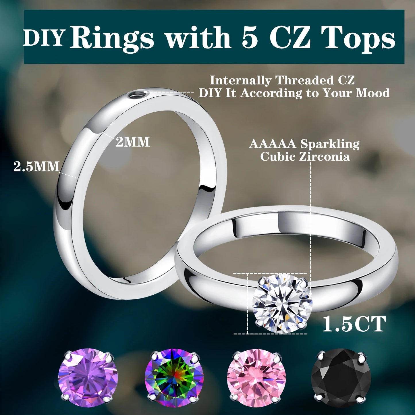 Solitaire  Stainless Steel Rings Interchangeable Cubic Zirconia