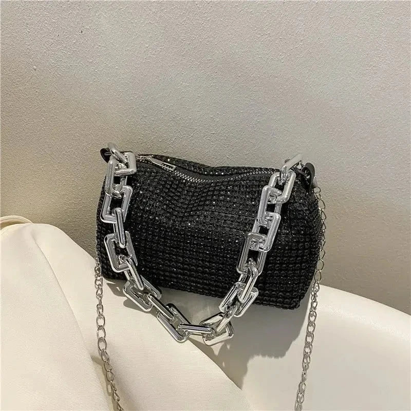 Small Allover Rhinestone Bucket Bag, Glitter Chain  Purse
