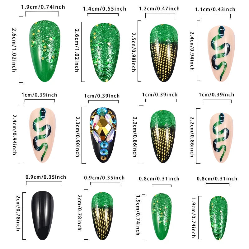 Press on Nails Long Stiletto False Nails Green Fake Nails Glitter Glue on Nails