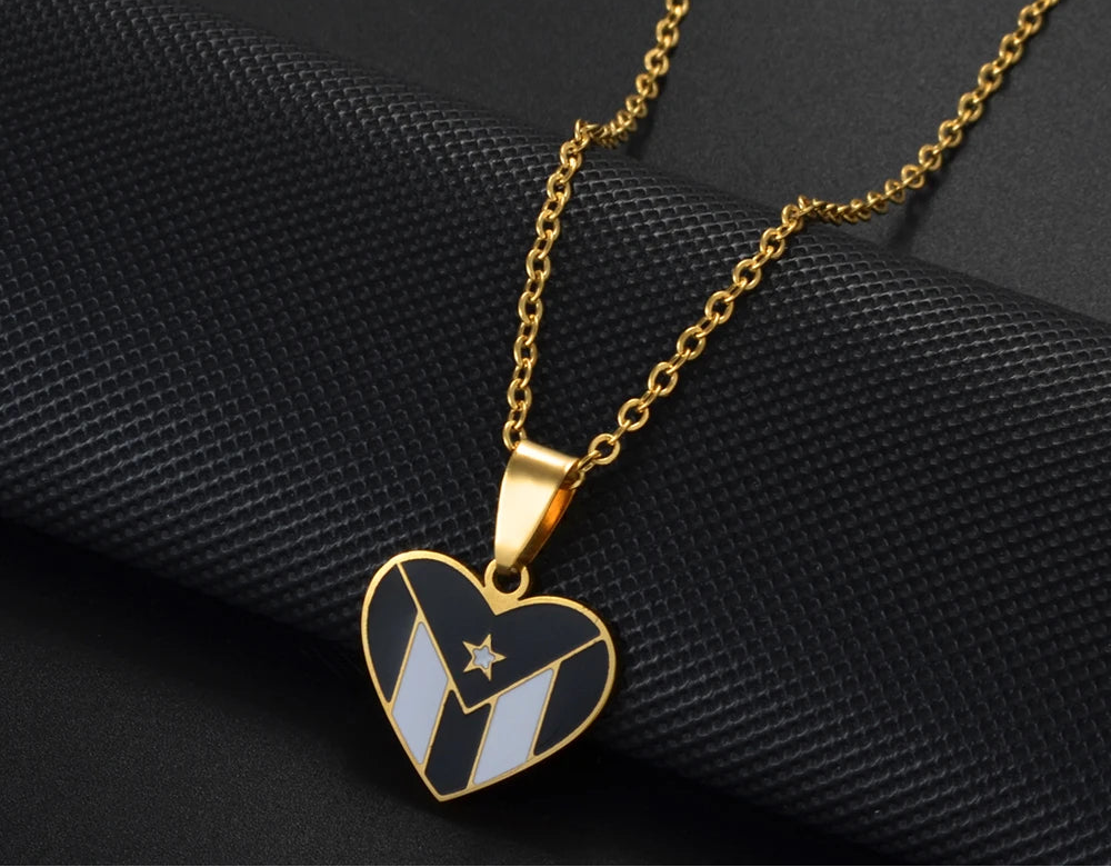 Heart Rectangle Puerto Rico Flag Pendant Necklaces