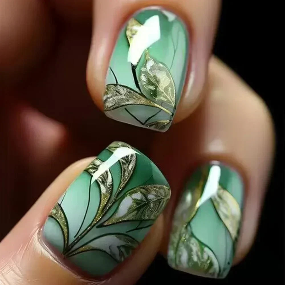 Short Square Press on Nails Jade Flower Sparkling Powder Designs Fake Nails with Glue Green Gradient Full Cover Nail Tips