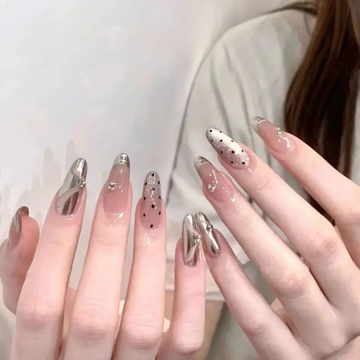 10Pcs Long Almond Handmade Press on Nails Fake Nails with Rhinestone Wearable Stick-on Nails False Nail Накладные Ногти Uñas