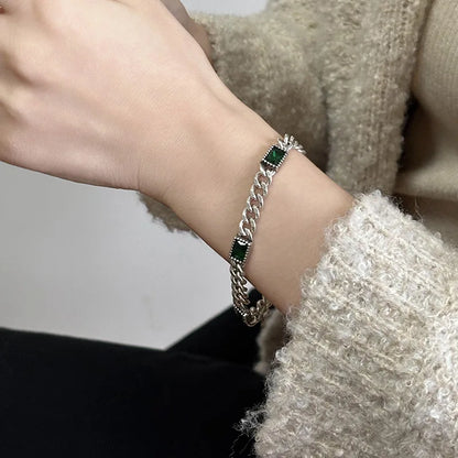 925 Sterling Silver Green Stone Retro Chain Bracelet