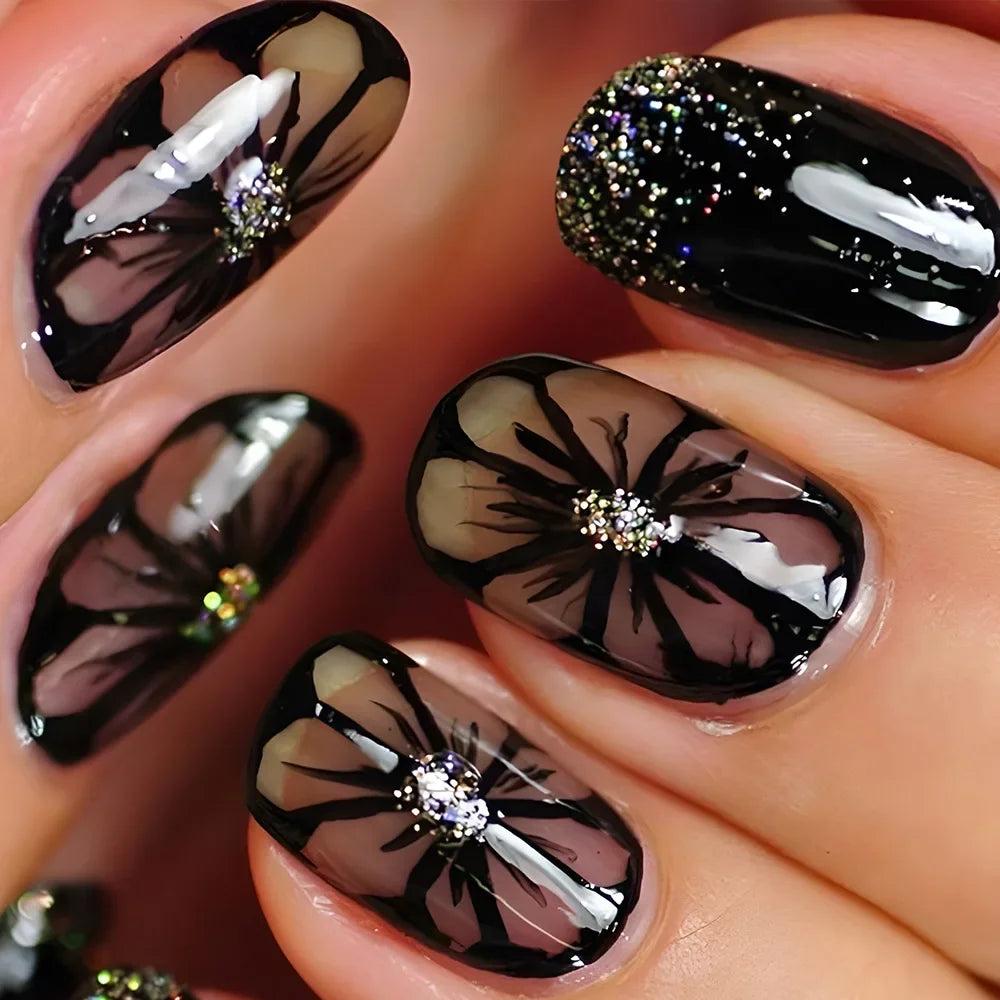 Solid Black Short False Nails with Rose Pattern Design Ballerina Square Artificial Full Cover Press on Nail Tips for Girls