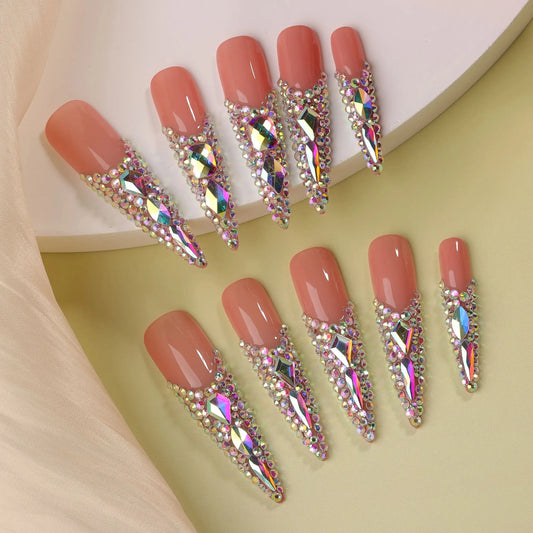 10Pcs Queen Colorful False Nails Shimmer Super Long Pointy Press on Nails