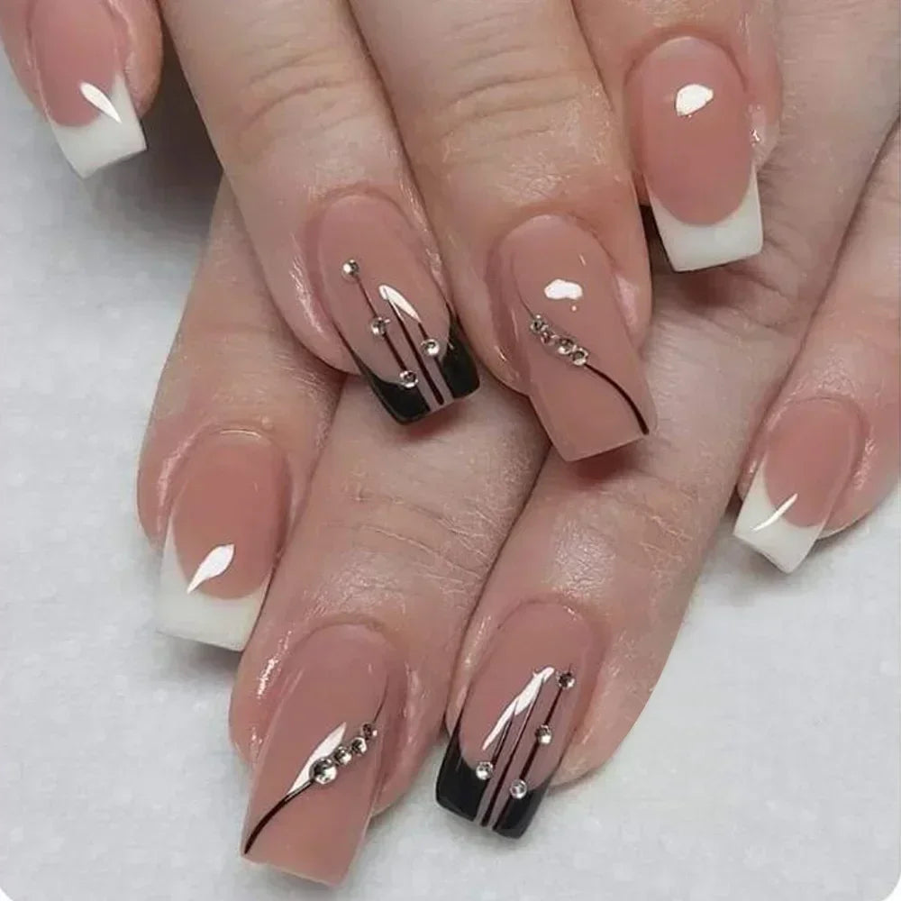 Solid Black Short False Nails with Rose Pattern Design Ballerina Square Artificial Full Cover Press on Nail Tips for Girls