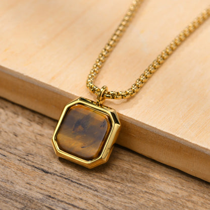 EJ  Natural Stone Necklace, Solid Stainless Steel Geometric Polygon Pendant