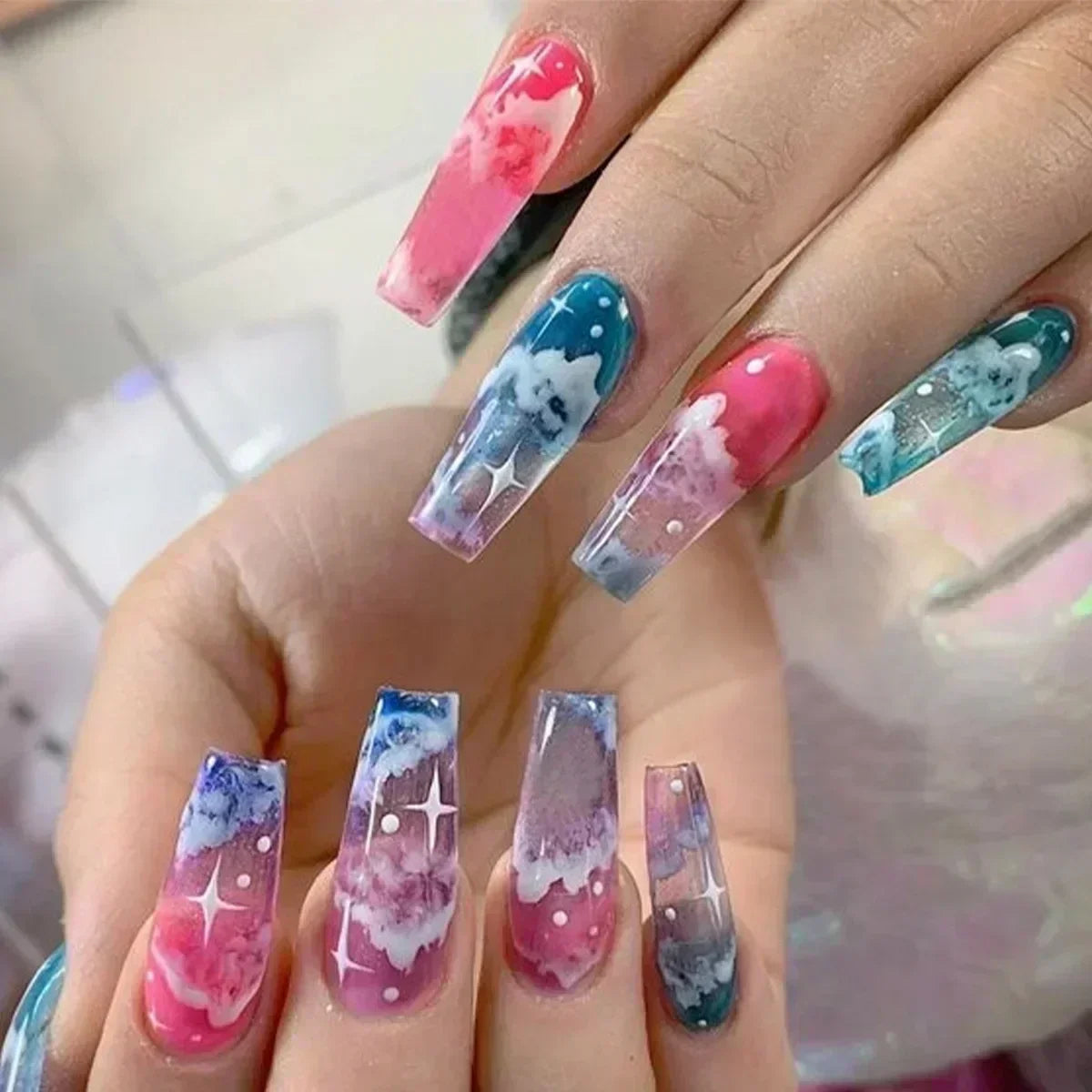 Colorful Butterfly Designs French Press on Nails Long Ballet False Nails with Rhinestone acrylic Fake Nails tips