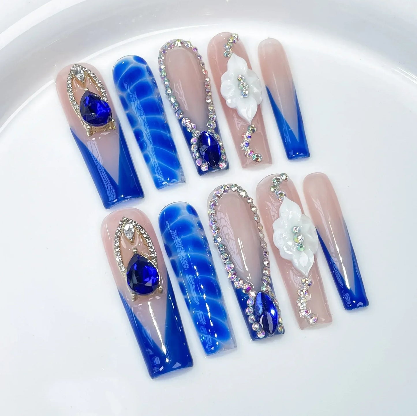 10pc Long Water Pipe Handmade Press on Nails Fashion Blue Snake Skin False Nail with Diamond Flower Coffin French Tips Fake Nail