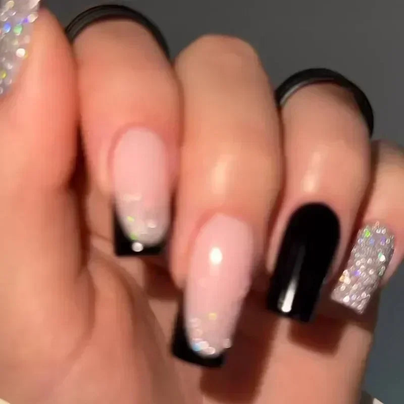 Solid Black Short False Nails with Rose Pattern Design Ballerina Square Artificial Full Cover Press on Nail Tips for Girls