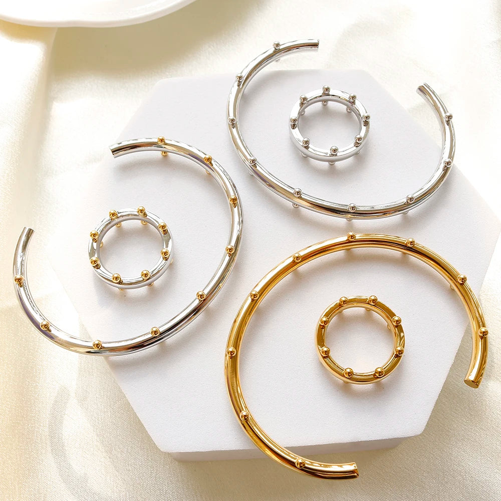 Luxury Jewelry Set Stainless Steel Bangle Bracelet Finger Ring Hoop Earrings With Mini Balls