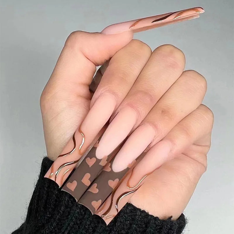 Long Square Press on Nails Love Pattern Design Artifical Coffin False Nail Brown French Wearable Full Cover Fake Nail Tips