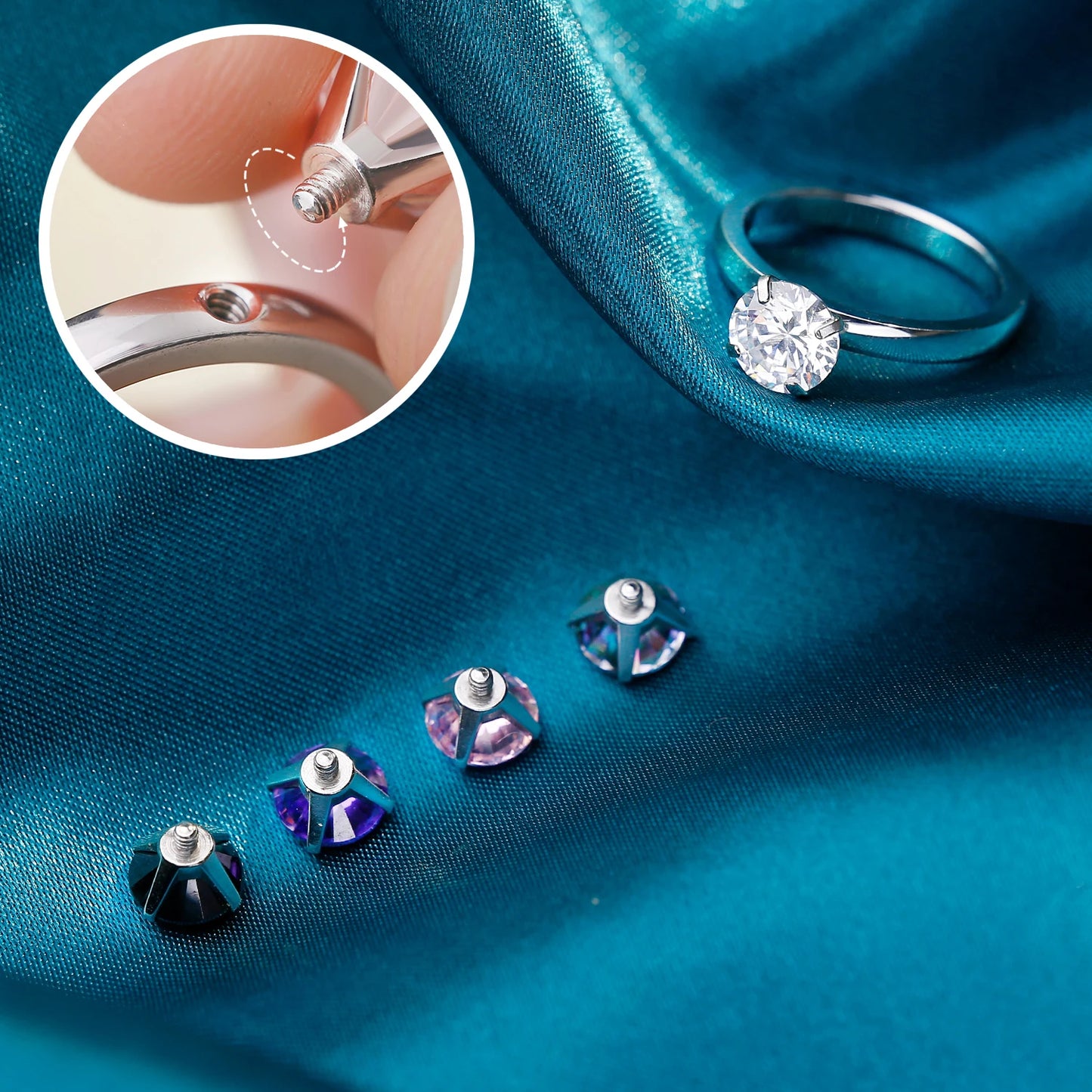 Solitaire  Stainless Steel Rings Interchangeable Cubic Zirconia