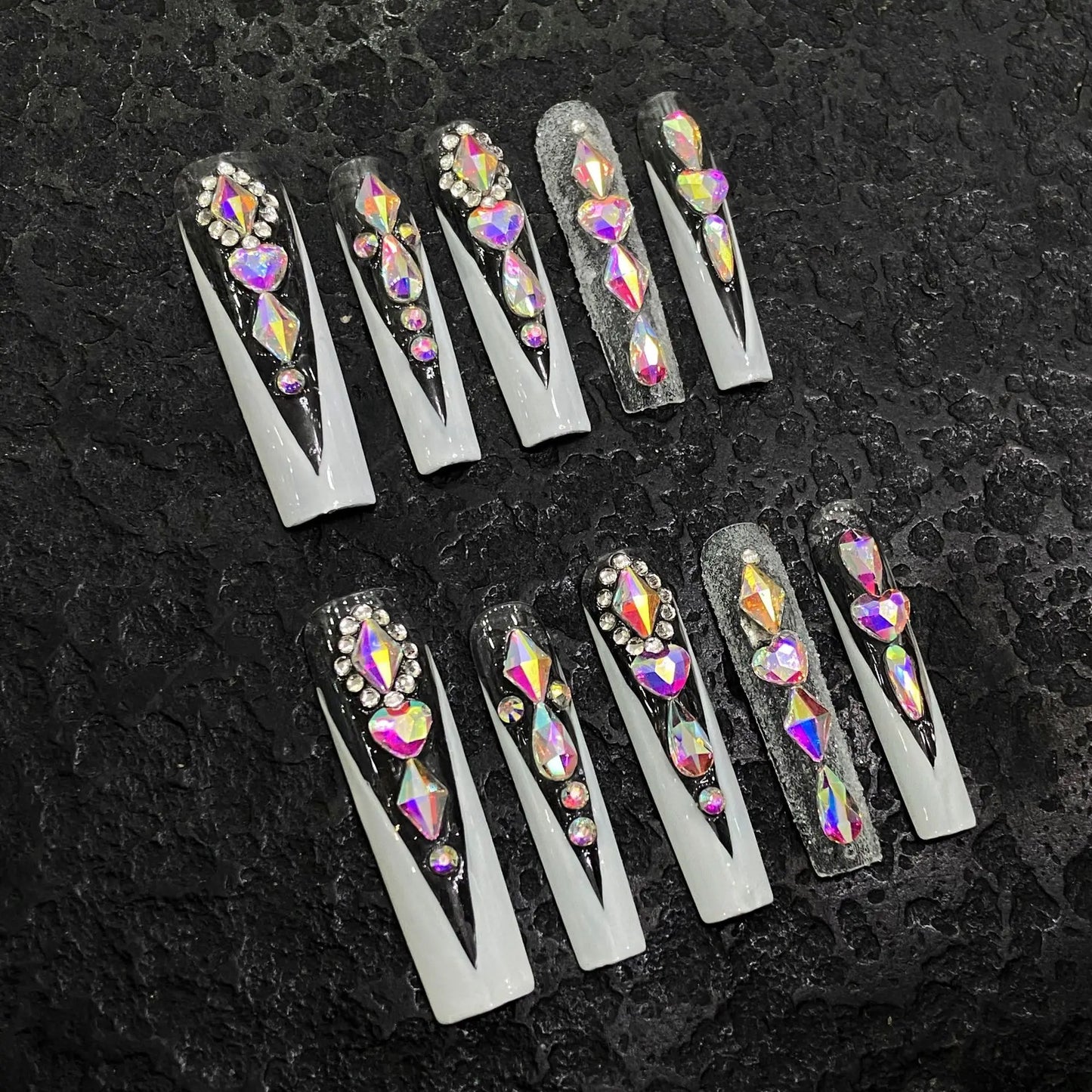 10pc Long Water Pipe Handmade Press on Nails Fashion Blue Snake Skin False Nail with Diamond Flower Coffin French Tips Fake Nail