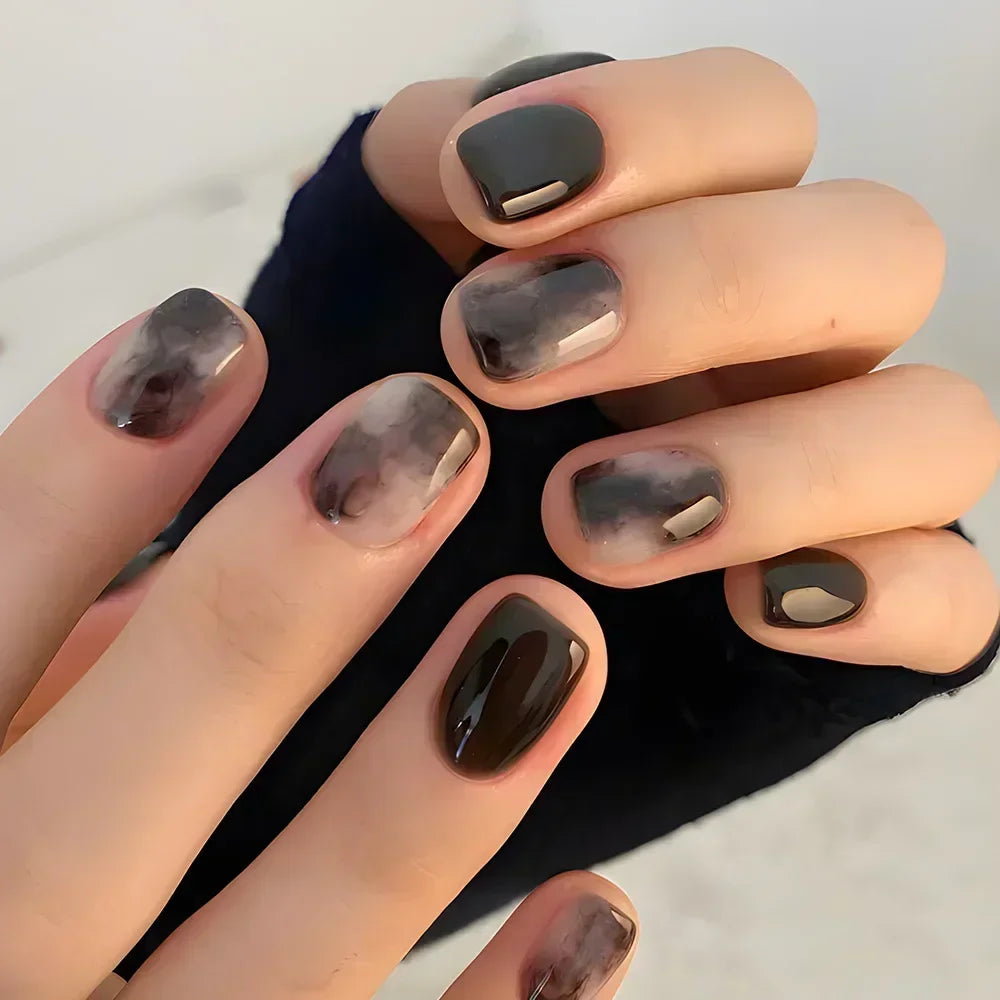 Solid Black Short False Nails with Rose Pattern Design Ballerina Square Artificial Full Cover Press on Nail Tips for Girls