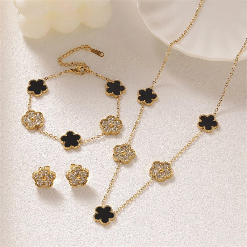 316L Stainless Steel Jewelry Set Zircon 5-Leaf Flowers
