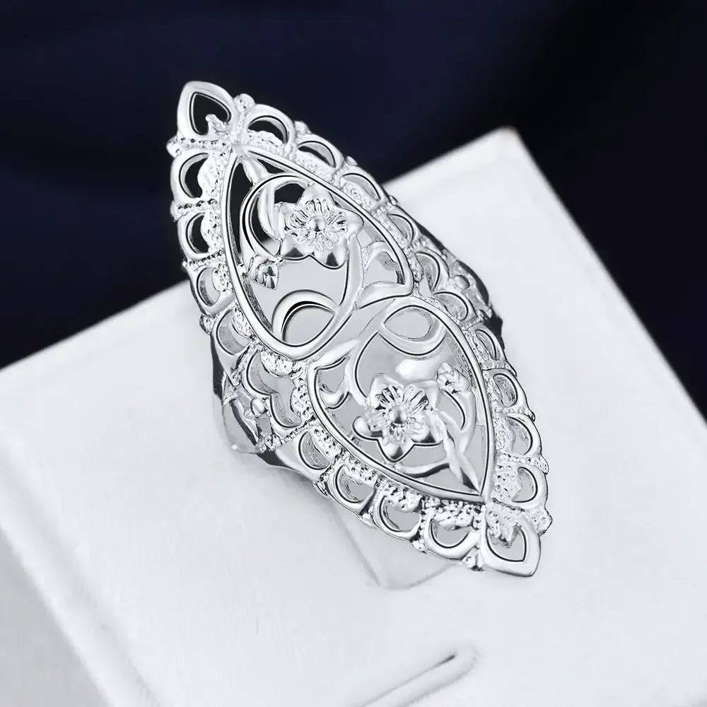 Cute nice 925 Sterling Silver fine Retro Hollow wide flower Rings