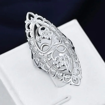 Cute nice 925 Sterling Silver fine Retro Hollow wide flower Rings