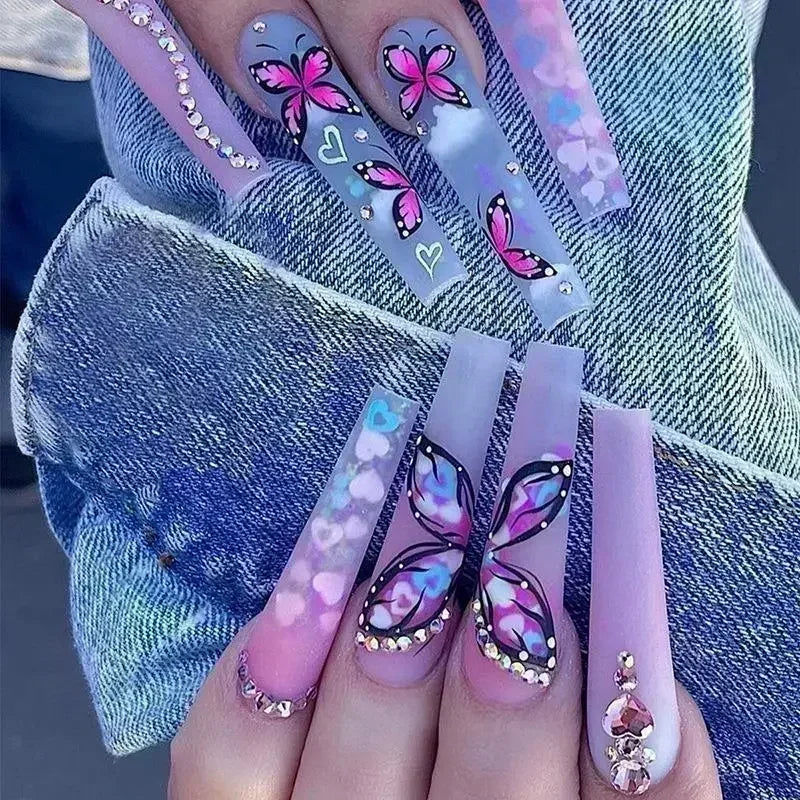 Colorful Butterfly Designs French Press on Nails Long Ballet False Nails with Rhinestone acrylic Fake Nails tips