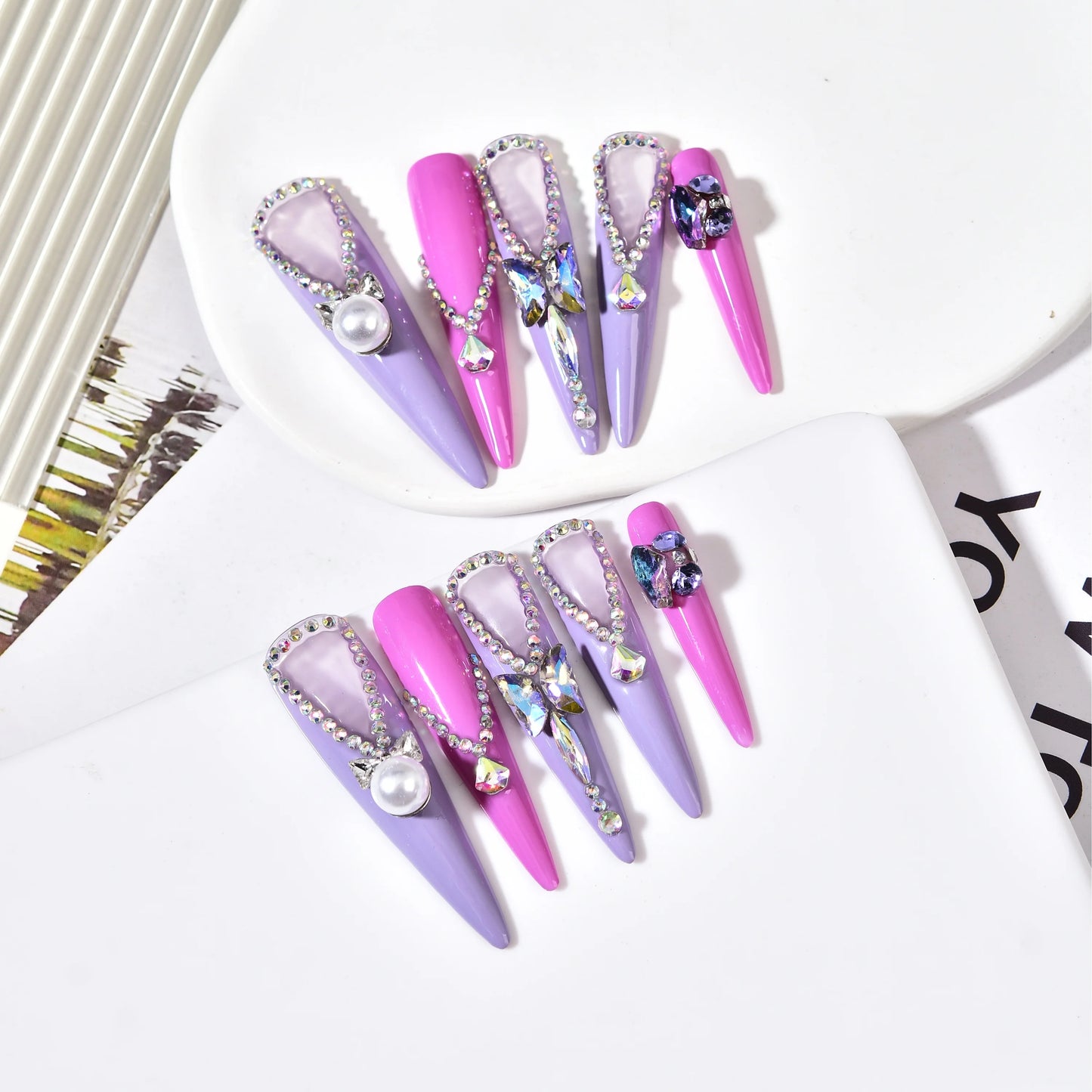 10Pcs Handmade Purple Design False Nails Extra Long Pointy Press on Nails Rhinestone