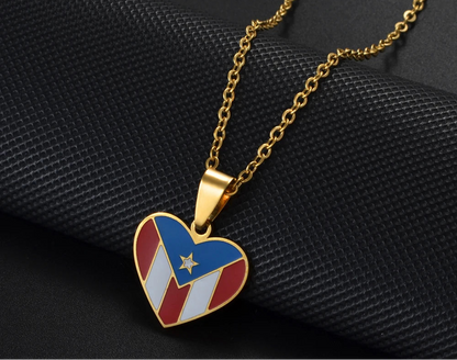 Heart Rectangle Puerto Rico Flag Pendant Necklaces
