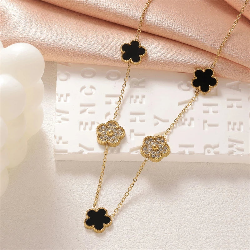 316L Stainless Steel Jewelry Set Zircon 5-Leaf Flowers