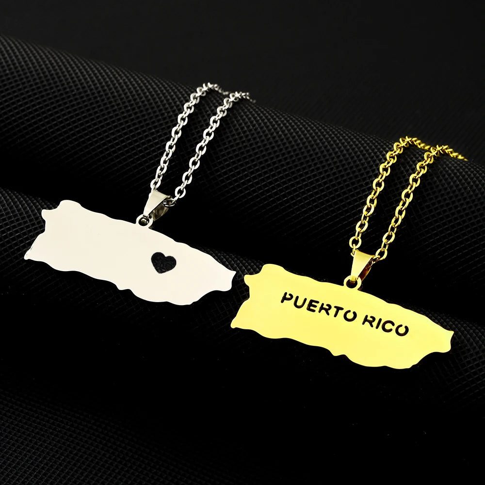 America Puerto Rico Map Pendant Necklace Stainless Steel