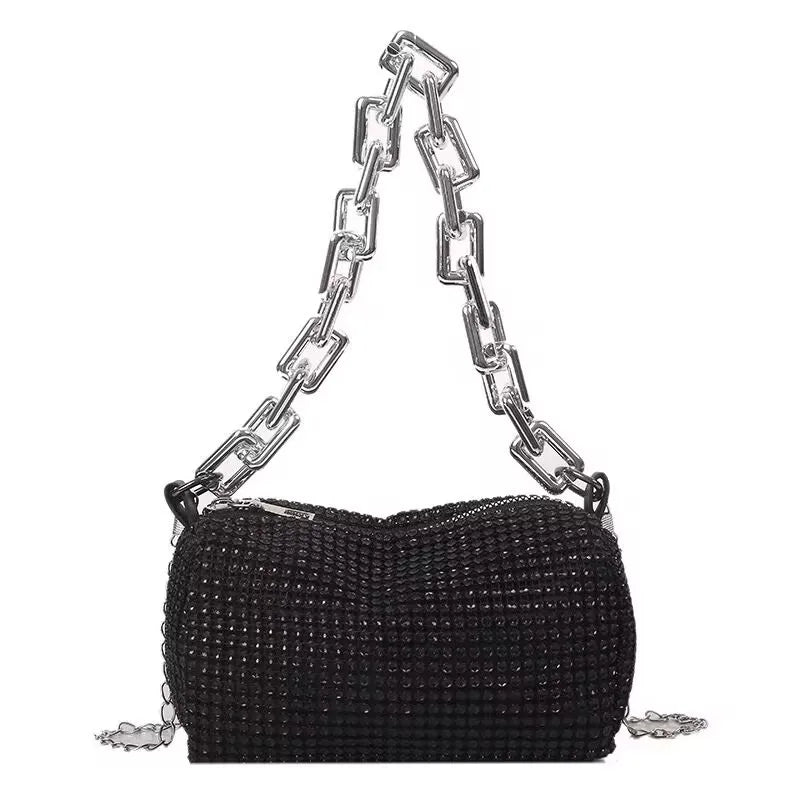 Small Allover Rhinestone Bucket Bag, Glitter Chain  Purse