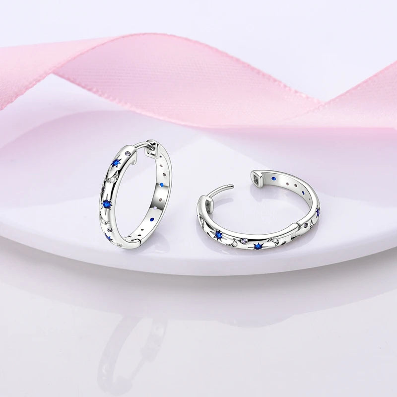 EJ 925 Sterling Silver Earrings Ring Set Sparkling Star Hoops Earrings