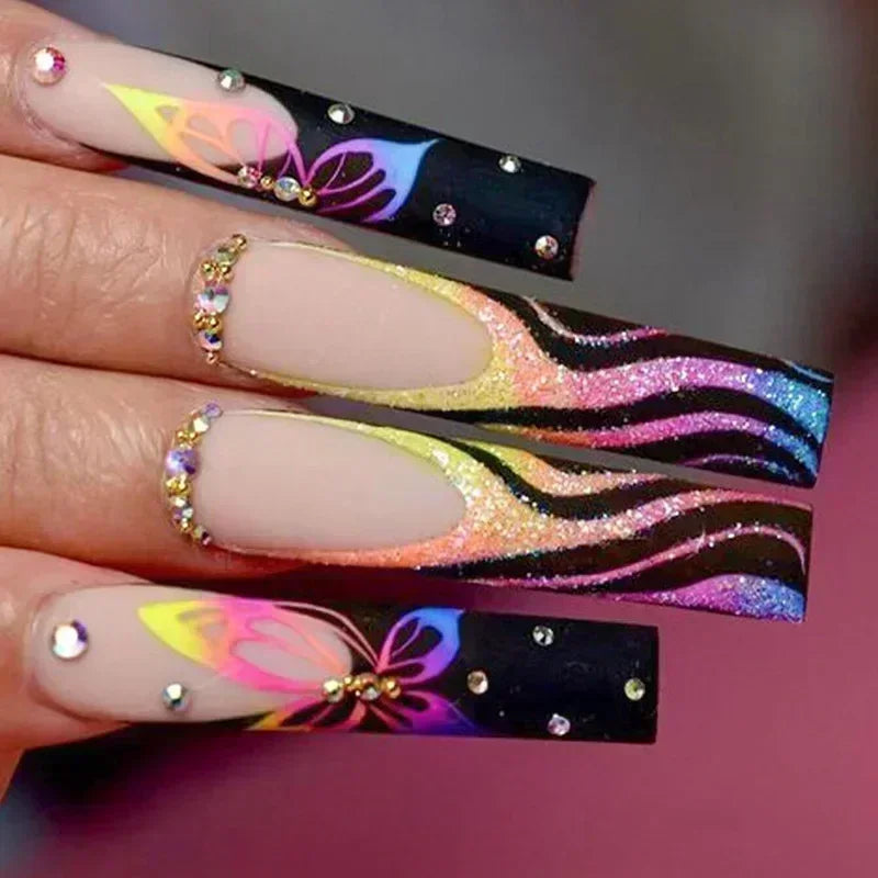 Colorful Butterfly Designs French Press on Nails Long Ballet False Nails with Rhinestone acrylic Fake Nails tips