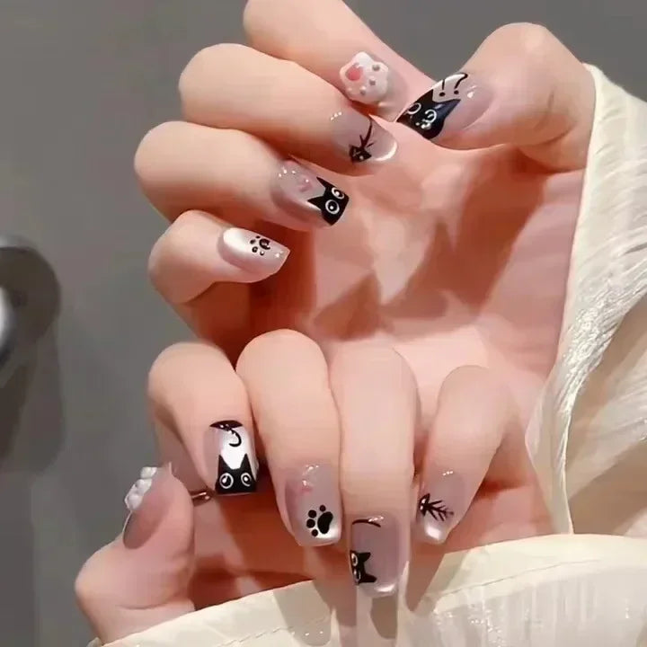 Solid Black Short False Nails with Rose Pattern Design Ballerina Square Artificial Full Cover Press on Nail Tips for Girls