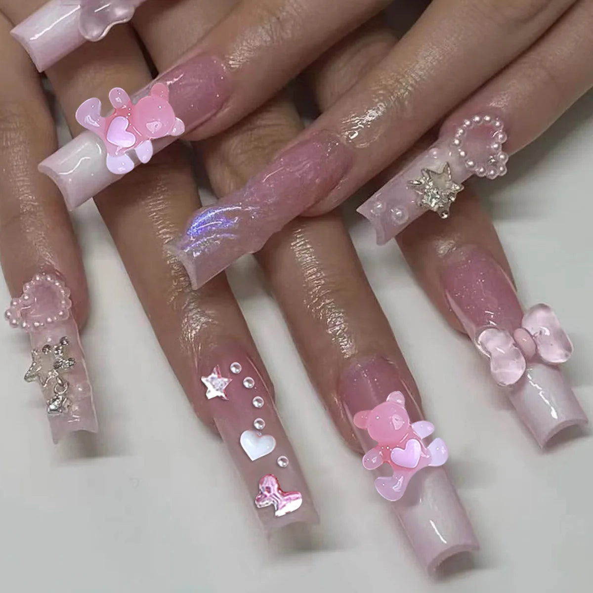 Square Head Ballerina French Pink False Nails With Glue Full Cover Fake Nails Press On Nail Long Acrylic Manicure