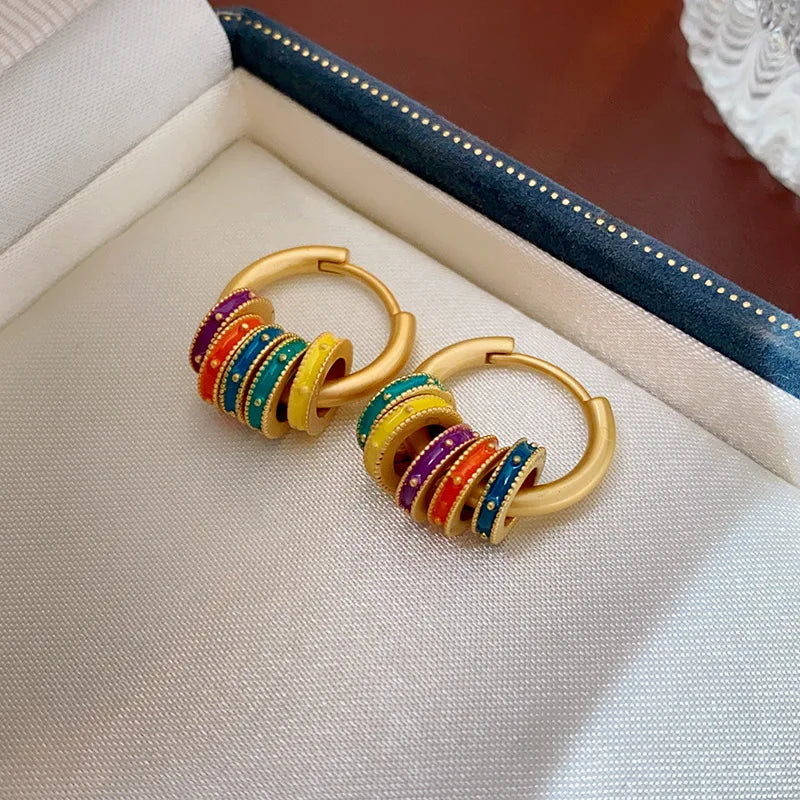 New Arrival Light Luxury Retro Oil Dropping Color Round Hoop Earrings For Women Fashion Sweet Metal Jewelry