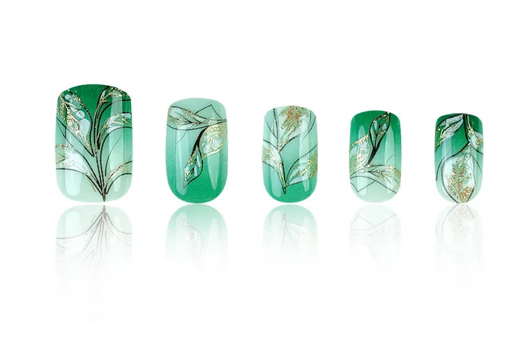 Short Square Press on Nails Jade Flower Sparkling Powder Designs Fake Nails with Glue Green Gradient Full Cover Nail Tips