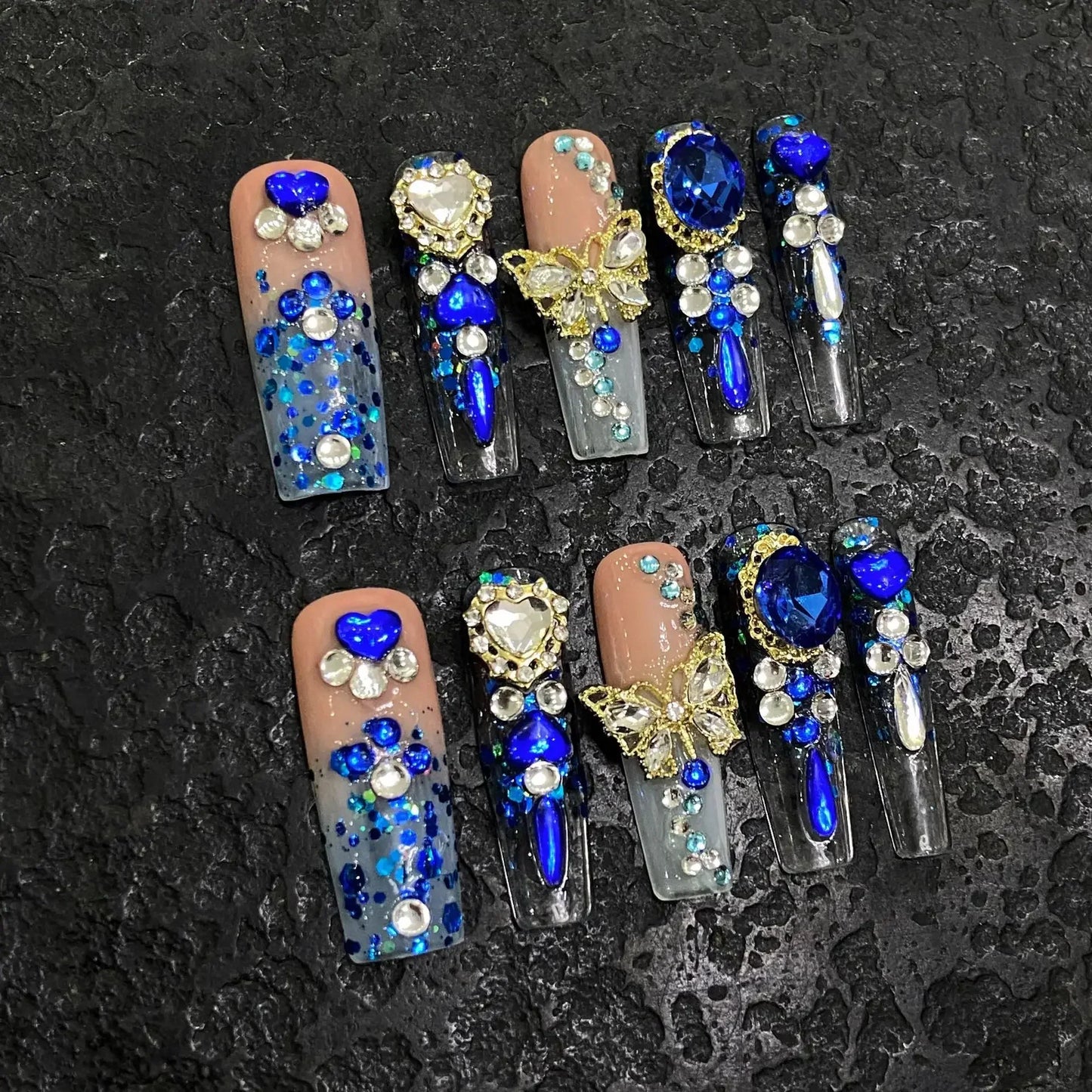 10pc Long Water Pipe Handmade Press on Nails Fashion Blue Snake Skin False Nail with Diamond Flower Coffin French Tips Fake Nail